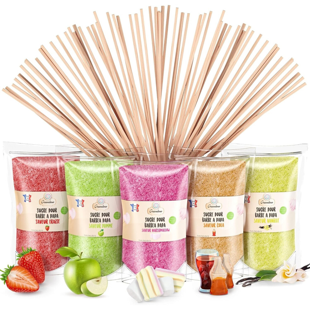 GREENDOSO Sugar For Candy Floss Machine (5x300g) Pack of 5 Flavours (Strawberry/Cola/Apple/Marshmallow/Vanilla) Natural Colouring & Flavour 50 Sticks