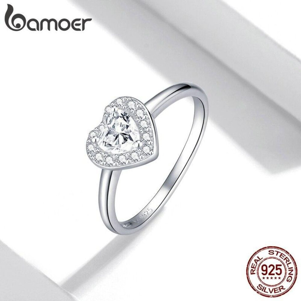 (8) Bamoer 925 Sterling Silver Bright Love Ring Dazzling Shiny Heart Shape Crystal Finger Ring Wedding Engagement Jewelry