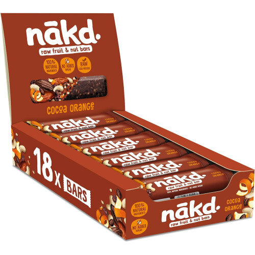 (35 g (Pack of 18)) Nakd Cocoa Orange Natural Fruit & Nut Bars - Vegan - Healthy Snack - Gluten Free