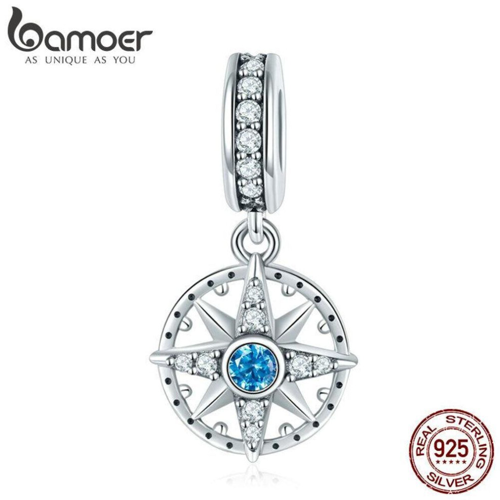 (SCC847) Bamoer 925 Sterling Silver Sparkling Nautical Compass Star Clear Cz Pendant Charms Fit Bracelets
