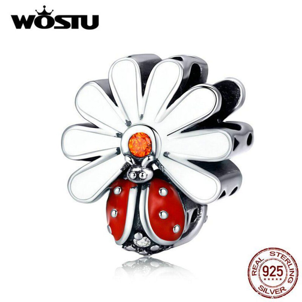 (HCC2276) Wostu Real 925 Sterling Silver Ladybug Flower Charm Fit Original  Bracelet Pendant Red Enamel