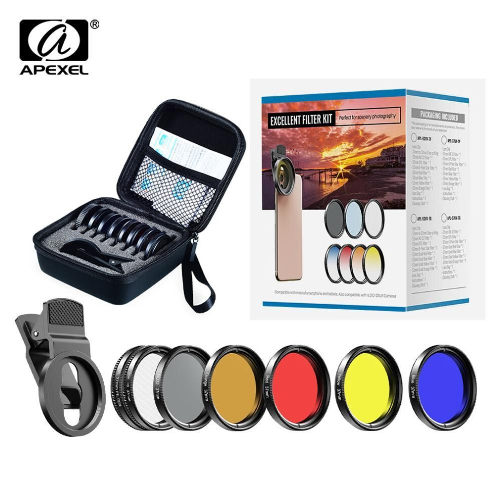 (APL-37UV-7Full) Apexel 7 In 1 Lens Kit 0.45x Wide+52mm Uv Full And 0.45x Wide+37mm Filter+cpl Nd+star Filters For Iphone All Phones