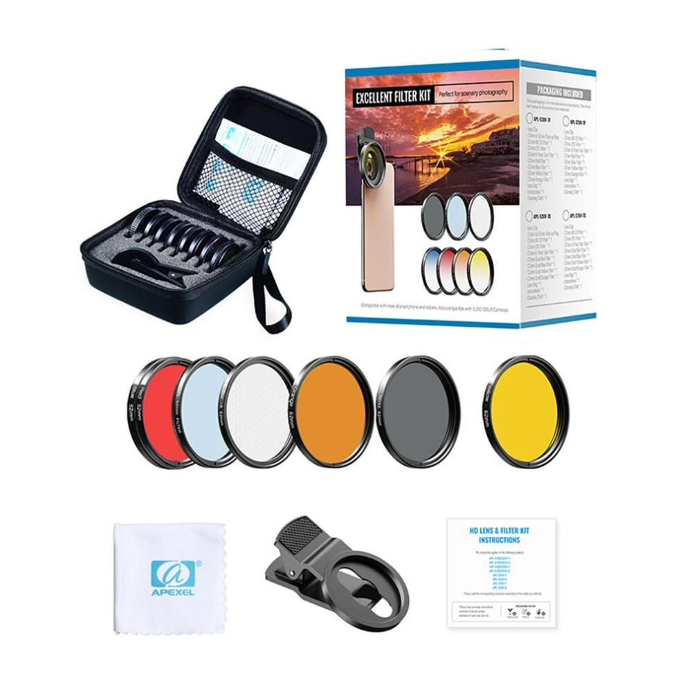 (APL-52UV-7Full) Apexel 7 In 1 Lens Kit 0.45x Wide+52mm Uv Full And 0.45x Wide+37mm Filter+cpl Nd+star Filters For Iphone All Phones