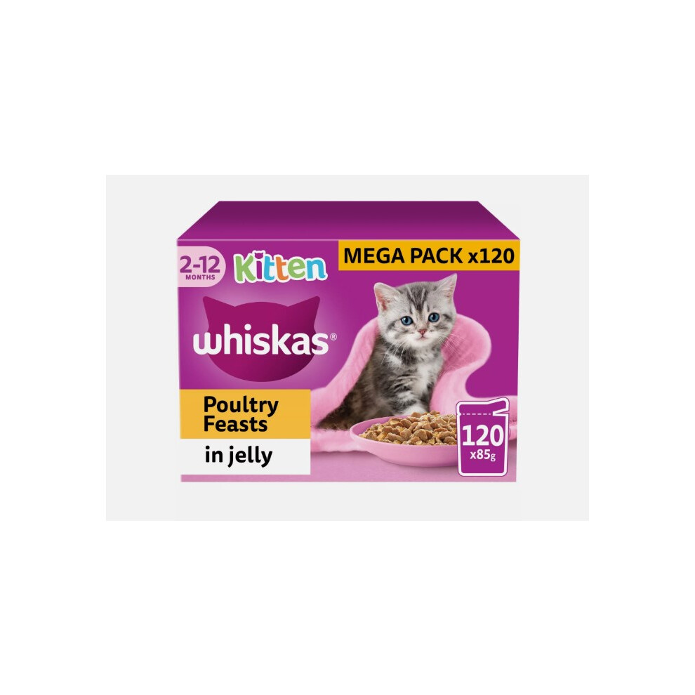 120 x 85g Whiskas Kitten Poultry Feasts Mixed Wet Cat Food Pouches in Jelly - Image 12