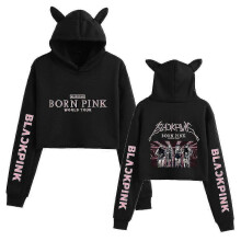 (M, black) Black Pink Korean Group Peripheral Printed Casual Navel-baring Cat Ears Sweatshirt For Girls