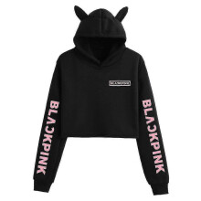(S, Black D) Black Pink Korean Group Peripheral Printed Casual Navel-baring Cat Ears Sweatshirt For Girls