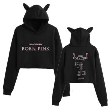 (M, Black C) Black Pink Korean Group Peripheral Printed Casual Navel-baring Cat Ears Sweatshirt For Girls