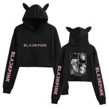 (XL, Black A) Black Pink Korean Group Peripheral Printed Casual Navel-baring Cat Ears Sweatshirt For Girls