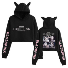 (L, Black B) Black Pink Korean Group Peripheral Printed Casual Navel-baring Cat Ears Sweatshirt For Girls