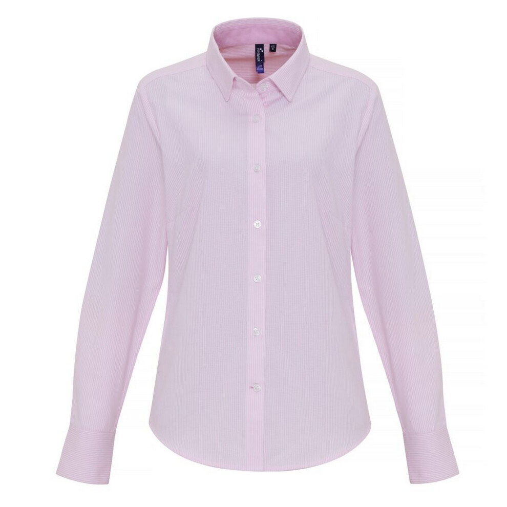 (XS, White/Pink) Premier Womens/Ladies Cotton Rich Oxford Stripe Blouse