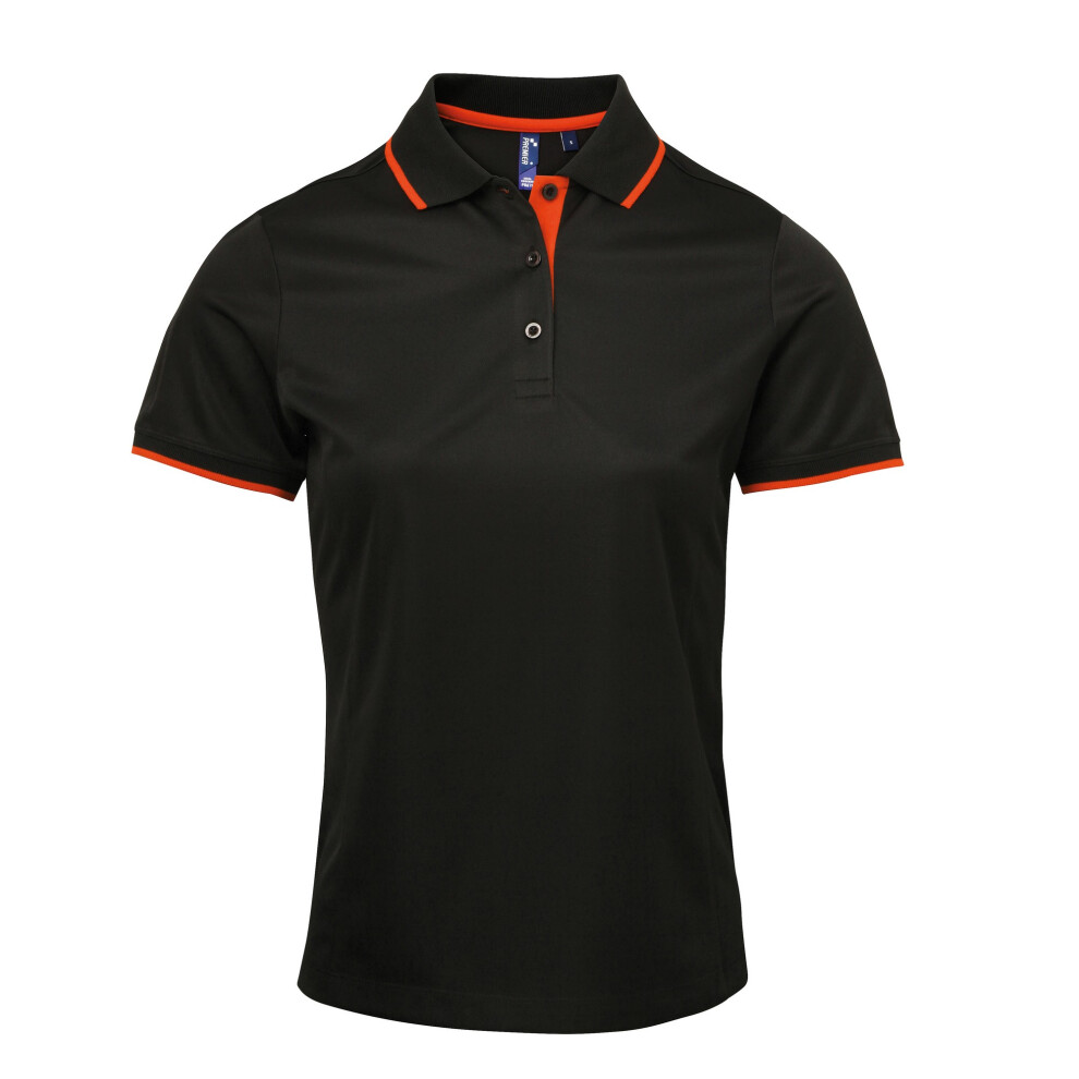 (M, Black/Orange) Premier Womens/Ladies Contrast Coolchecker Polo Shirt