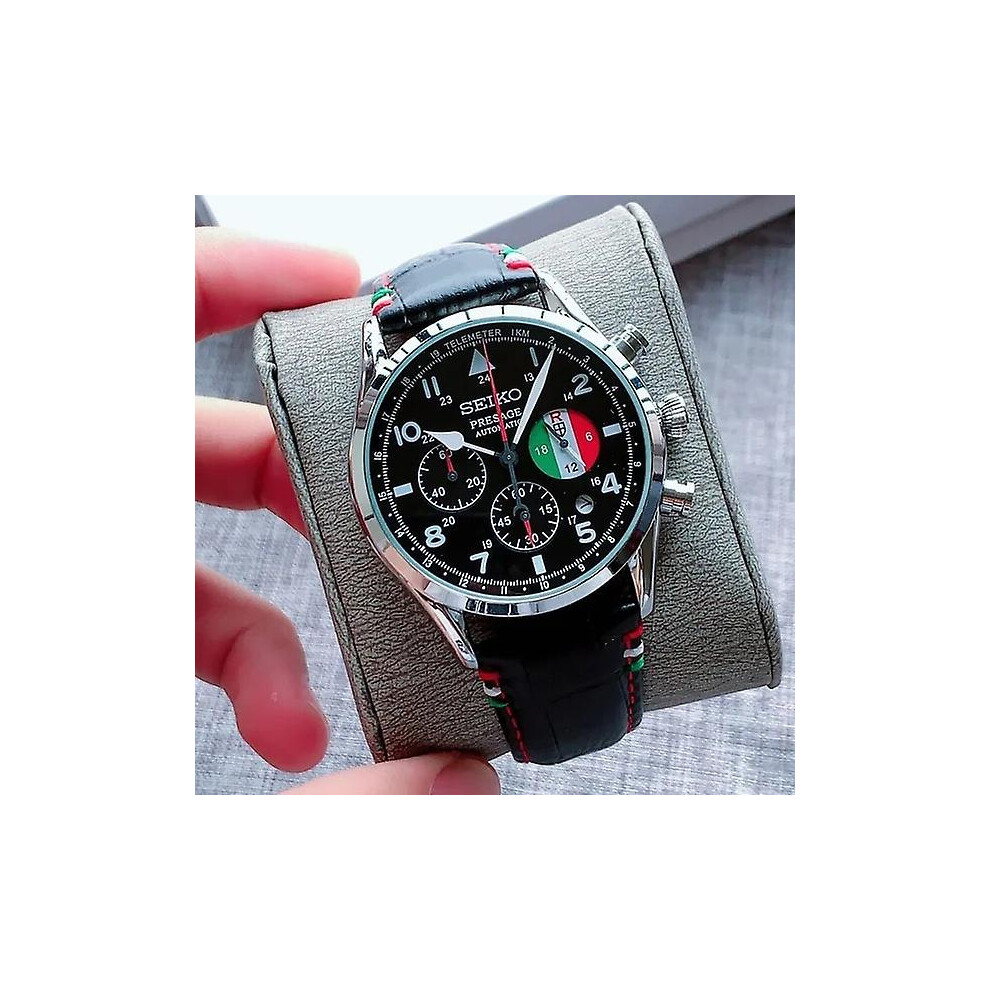 (Black) Seiko Men's Casual Quartz Watch Leather Strap Black And White Dial Automatic Date Multifunction Timer Luminous Six-needle