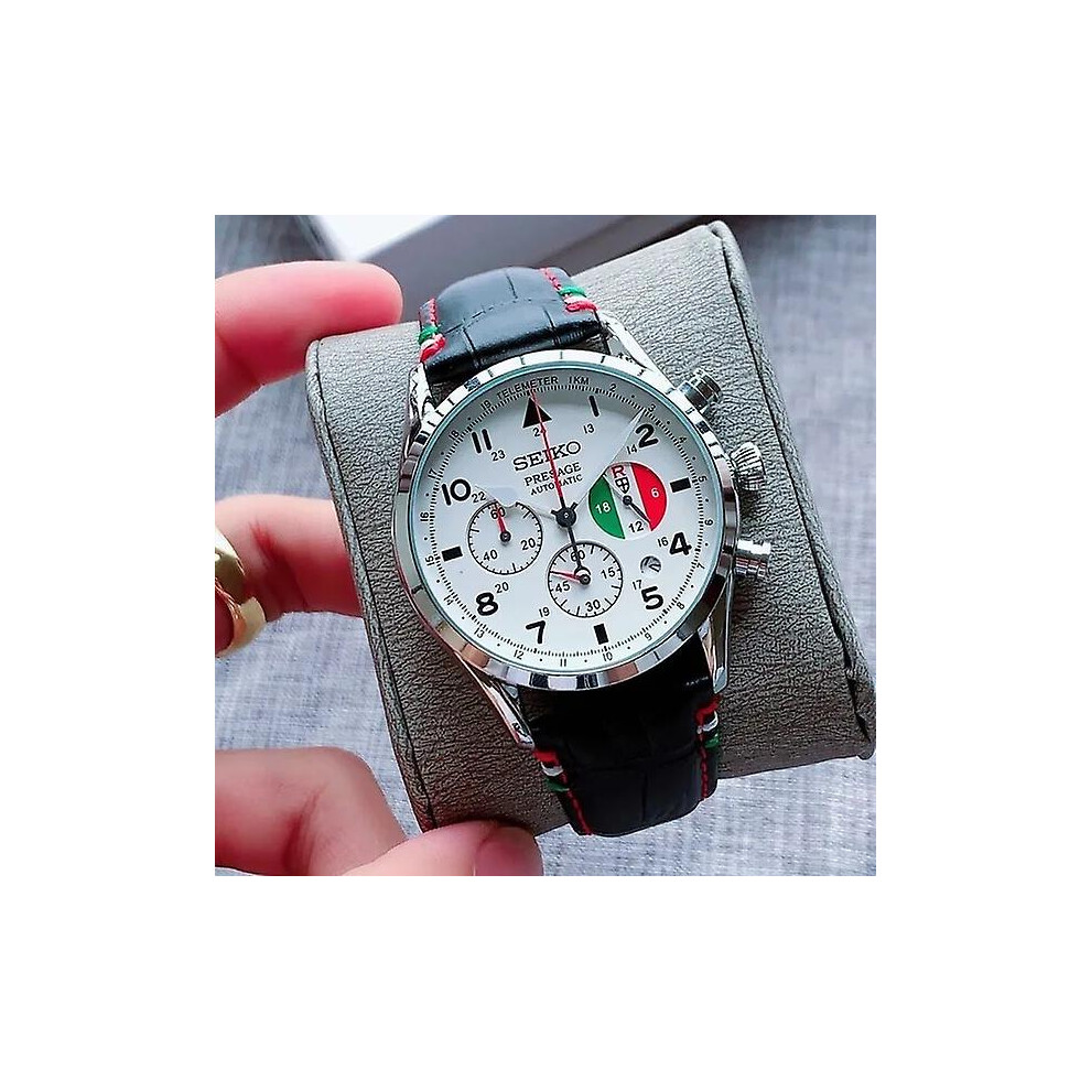 (White) Seiko Men's Casual Quartz Watch Leather Strap Black And White Dial Automatic Date Multifunction Timer Luminous Six-needle