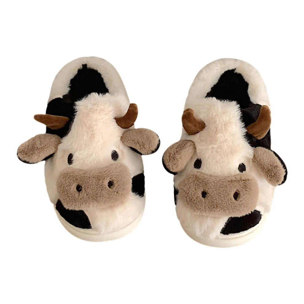 (41-42) Fuzzy Cow Slippers Cute Warm Slippers Cozy Cotton Shoes Animal Shape Slip-on