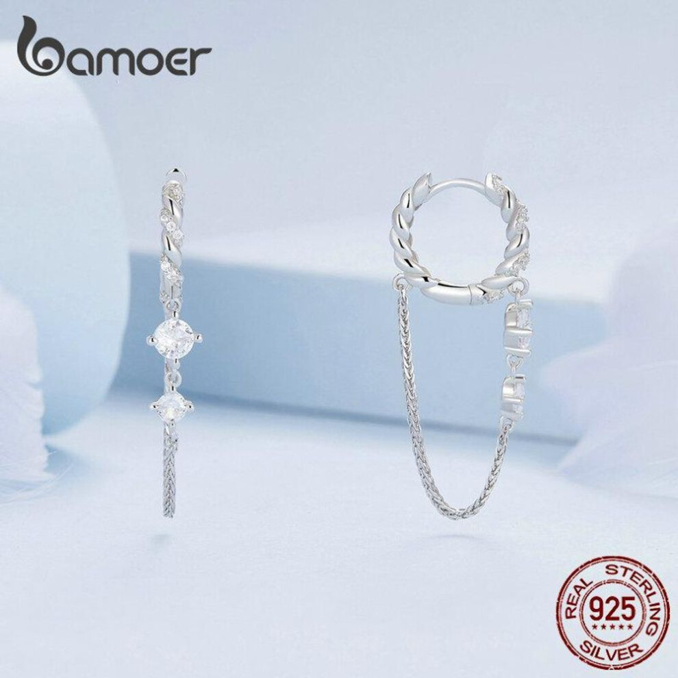 (925 silver) Bamoer 925 Sterling Silver Exquisite Zircon Ear Buckles Tassel Drop Earrings For Women Birthday Party Jewelry Gift