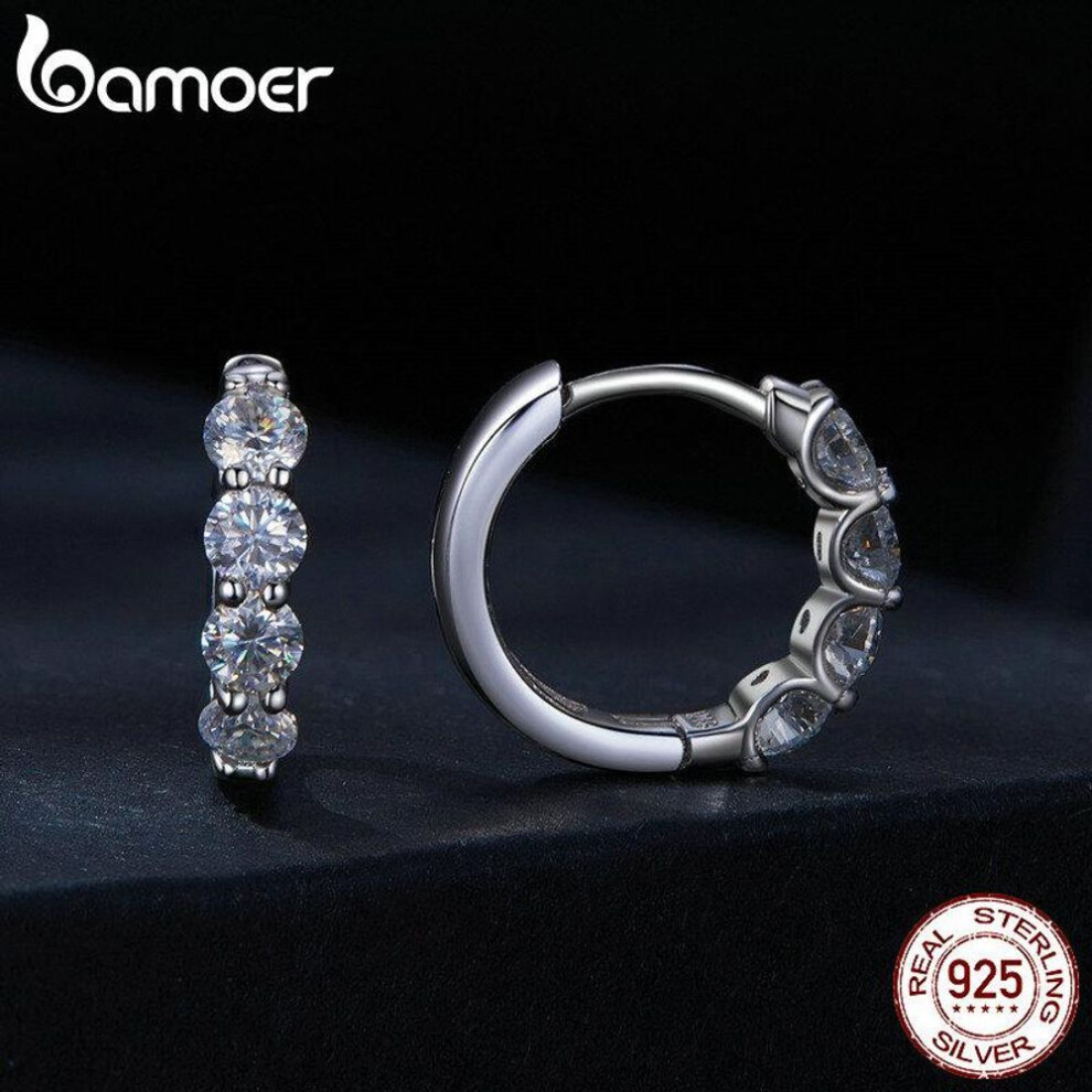 (silver, 925 silver) Bamoer 925 Sterling Silver Classical Round Moissanite Ear Buckles Clear Lab Diamond Engagement & Wedding Jewelry Gift For Women