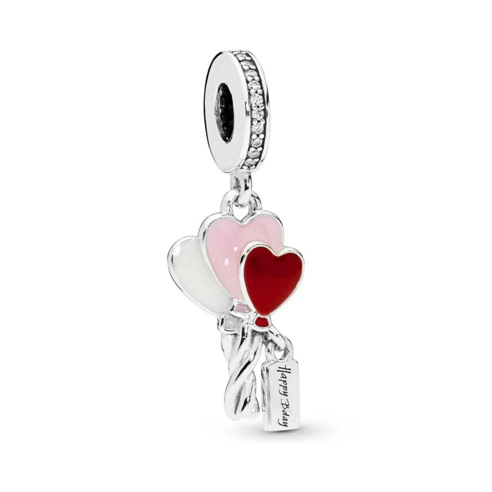 Birthday Balloon red, white and pink heart bead dangle charm with birthday tag  for women bracelet S925 Sterling Silver Gifts For Women