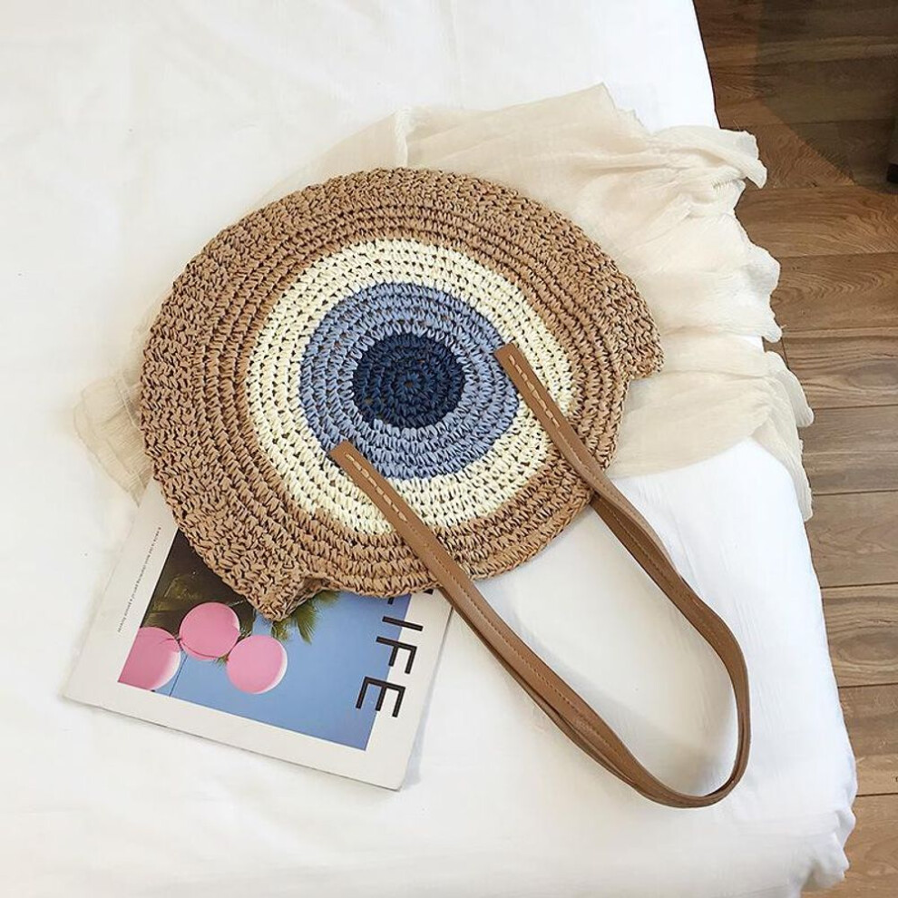 (brown, 30*2*43cm) Round Women Handbag Handmade Shoulder Bag Bohemian Summer Beach Bags Woven Straw Bag Large Capacity Female Travel Tote