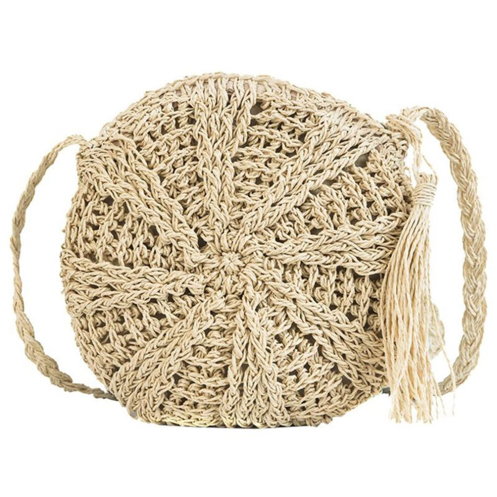 (beige, 16*1*23cm) Women Crossbody Bag Round Circular Rattan Wicker Straw Woven Beach Basket Purse