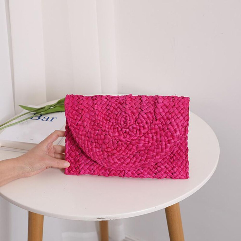 (rose red, 25x2x15cm) Yogodlns Fashion Bags Women Summer Retro Corn Straw Knitted Handbag Key Coin Money Purse Beach Clutch