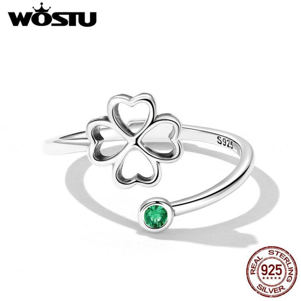 (silver, 925 silver) WOSTU 925 Sterling Silver Exquisite Zircon Hollow Four-leaf Clover Open Ring for Women Fine Jewelry Gift