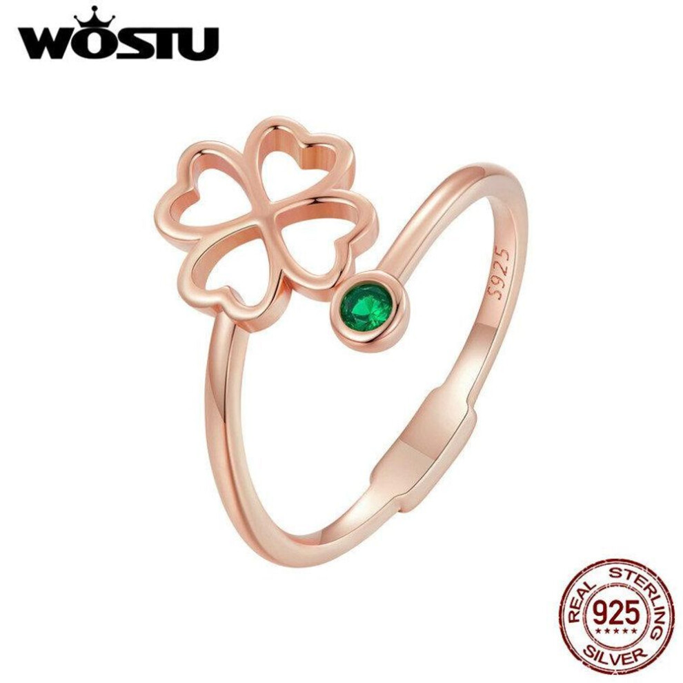 (rose gold, C) WOSTU 925 Sterling Silver Exquisite Zircon Hollow Four-leaf Clover Open Ring for Women Fine Jewelry Gift