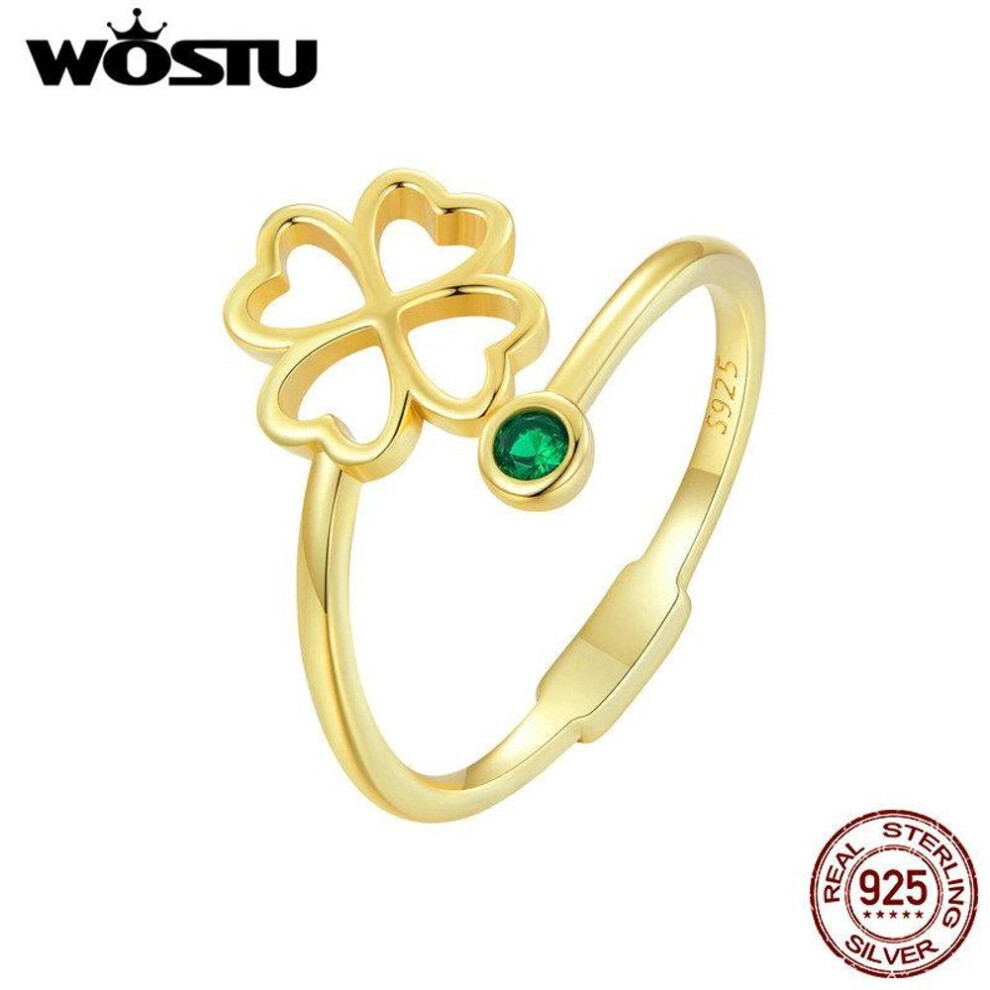 (gold, B) WOSTU 925 Sterling Silver Exquisite Zircon Hollow Four-leaf Clover Open Ring for Women Fine Jewelry Gift