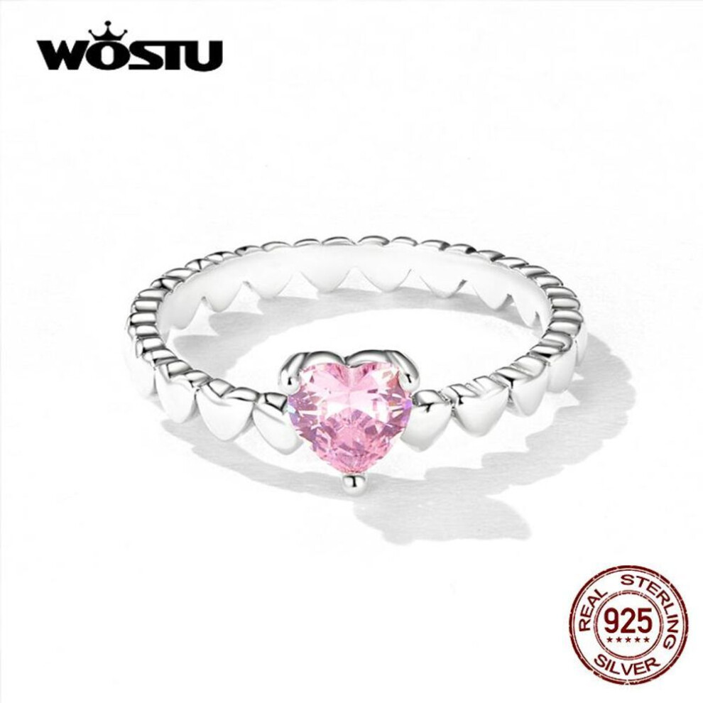 (8) WOSTU Delicate Heart Silver Ring Genuine 925 Sterling Silver Pink Zircon Love Rings for Women Fine Jewelry Gift