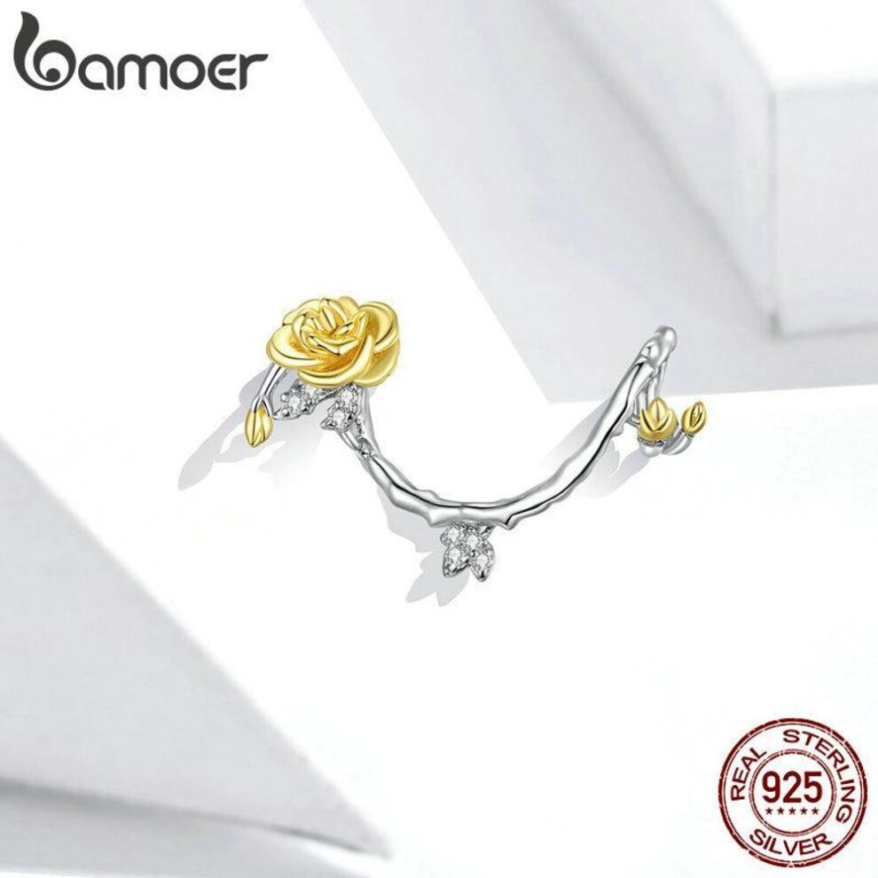 (925 silver) Bamoer 925 Sterling Silver Rose Vines Plated Platinum Charm For Origianl Bracelet Bead For Jewelry Making