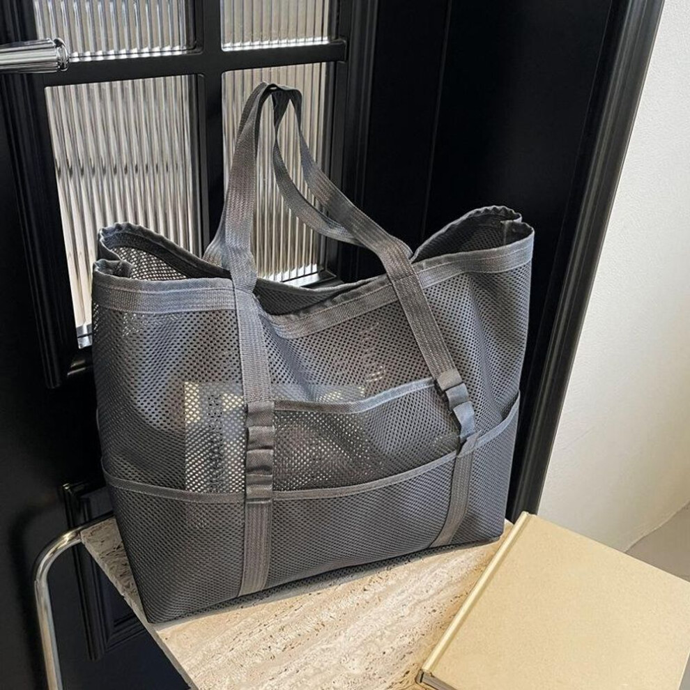 (gray, 55x19x35cm) Protable Mesh Bag Large Capacity Reusable Storage Shoulder Bags Swimming Beach Bag Women Makeup Organizer Shopping Handbag