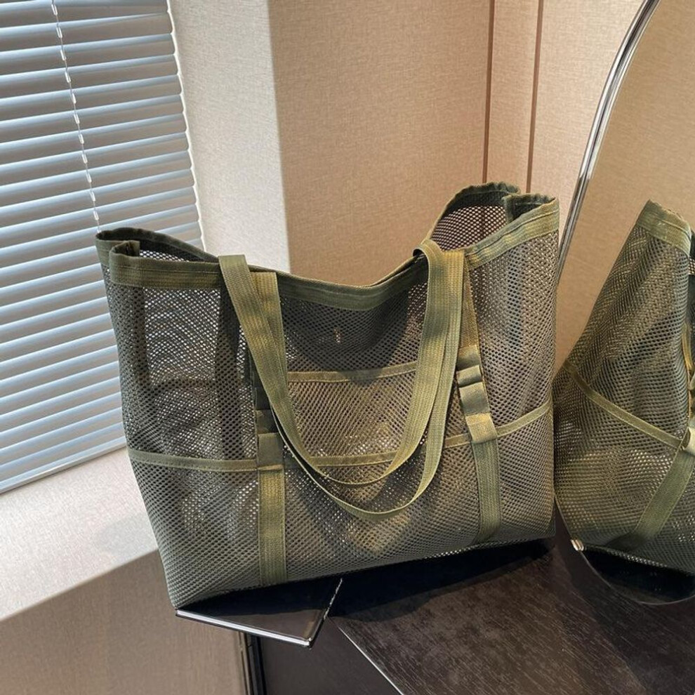(army green, 55x19x35cm) Protable Mesh Bag Large Capacity Reusable Storage Shoulder Bags Swimming Beach Bag Women Makeup Organizer Shopping Handbag