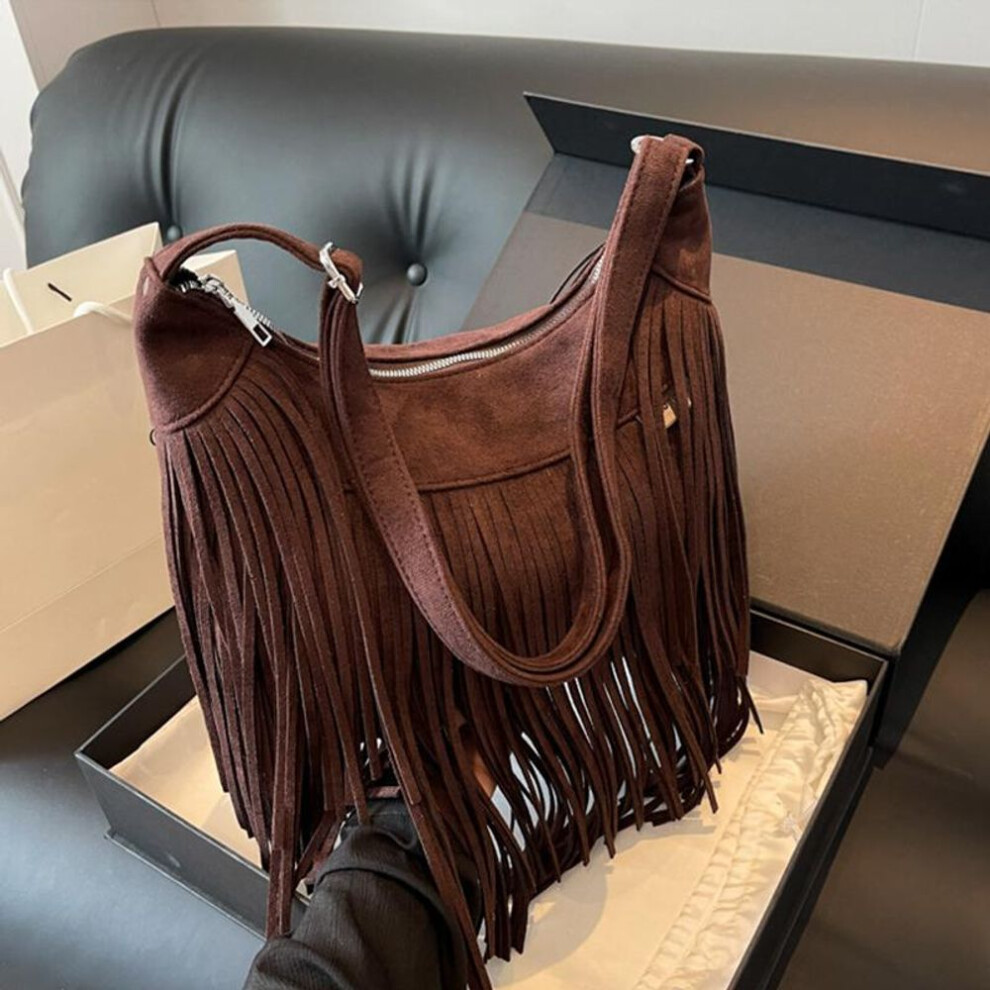 (coffee, 27x7.5x26cm) Tassel Design Women&apos;s Hobo Bag Fashion Trend Handbag Suede Shoulder Crossbody Shopping Tote Vintage Commuter Bags