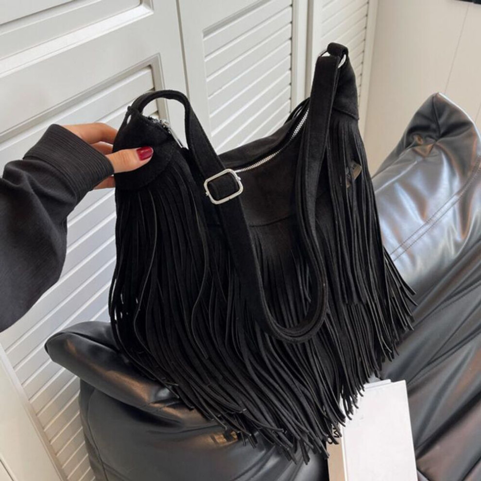 (black, 27x7.5x26cm) Tassel Design Women&apos;s Hobo Bag Fashion Trend Handbag Suede Shoulder Crossbody Shopping Tote Vintage Commuter Bags