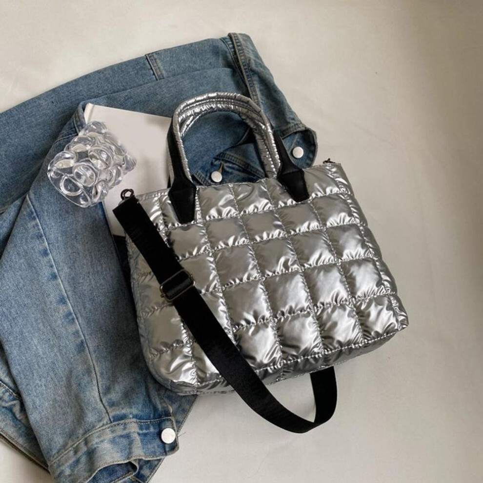 (silver, 31x10x24cm) Yogodlns Quilted Padded Tote Bag Nylon Solid Color Satchel Puffer Crossbody Bag Women Shoulder Bags Ladies Large Capacity Handbag