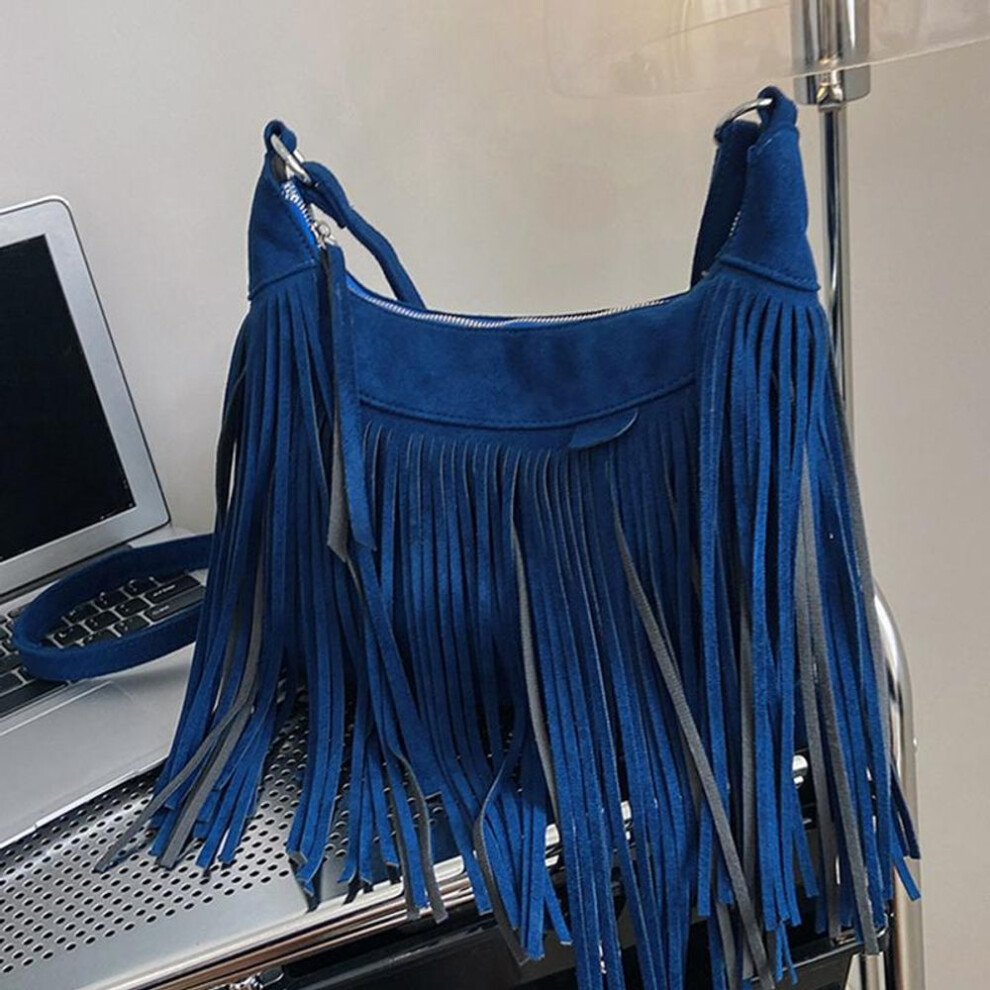 (blue, 27x7.5x26cm) Tassel Design Women&apos;s Hobo Bag Fashion Trend Handbag Suede Shoulder Crossbody Shopping Tote Vintage Commuter Bags