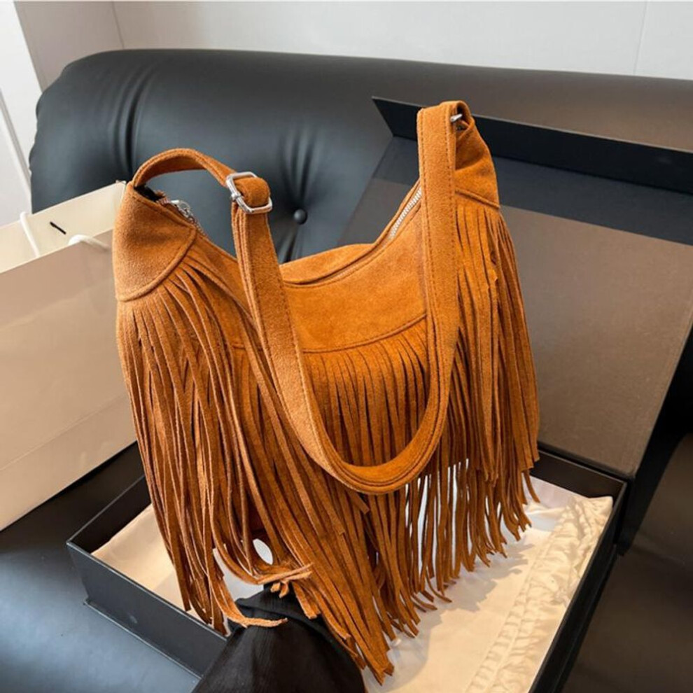 (brown, 27x7.5x26cm) Tassel Design Women&apos;s Hobo Bag Fashion Trend Handbag Suede Shoulder Crossbody Shopping Tote Vintage Commuter Bags