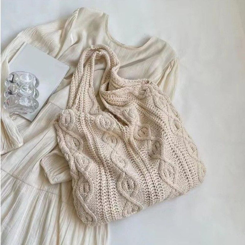 (beige, 36x32cm) Yogodlns Wool Knitted Shoulder Shopping Bag For Women Vintage Cotton Cloth Girls Tote Shopper Bag Large Female Handbag Crochet Bag