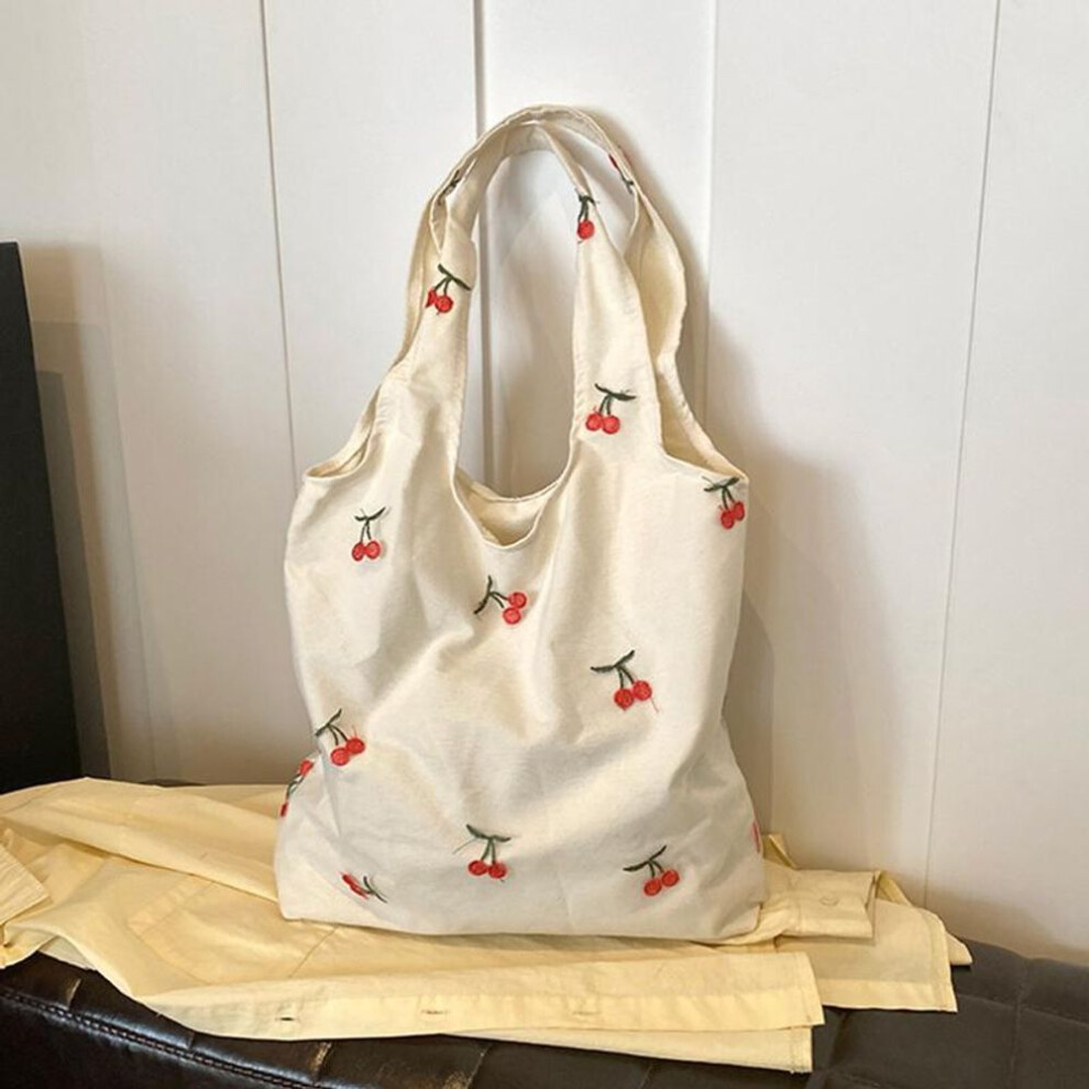 (white, cherry) Yogodlns Embroidered Butterfly Canvas Lace Bag Large Capacity Versatile Shoulder Bag For Women Travel Shopping Tote Handbags