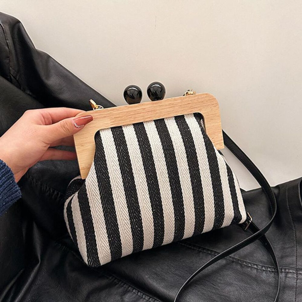 (black, 23x10x19cm) Yogodlns Canvas Bag Stripe Crossbody Kiss Lock Top-handle Handbag Strap Vintage Purse Shell Evening Women Shoulder Bags