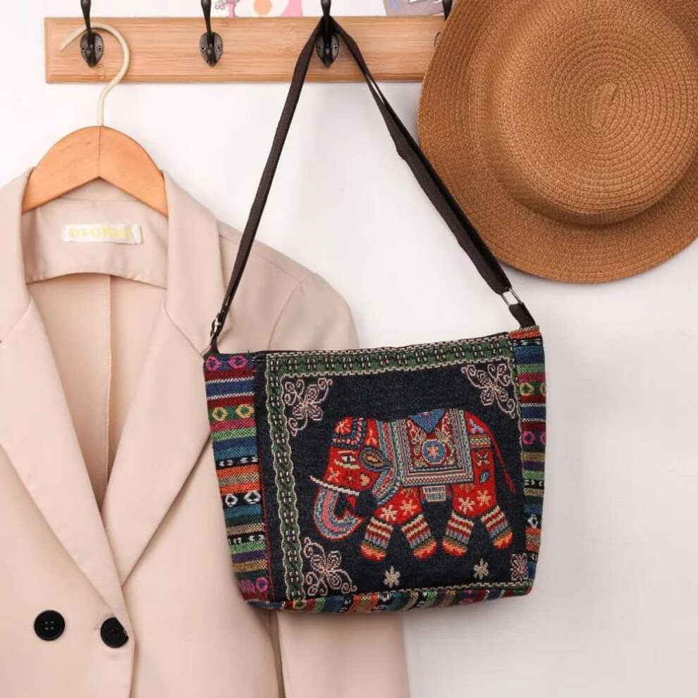 (multicolor, black elephant) Yogodlns Ethnic Style Handbag Embroidery Elephant Canvas Women Shoulder Bags Grocery Storage Pouch Large Capacity Crossbody Bag