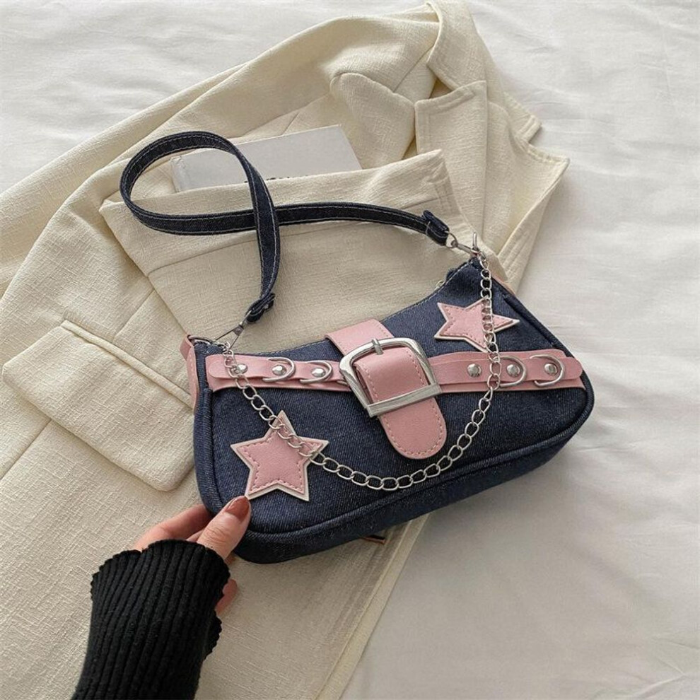 (dark blue, 24x6x15cm) Yogodlns Fashion Women&apos;s Handbags Denim Stars Pattern Cool Girls Underarm Bag Female Small Shoulder Hobo Bags Chain Tote Bag