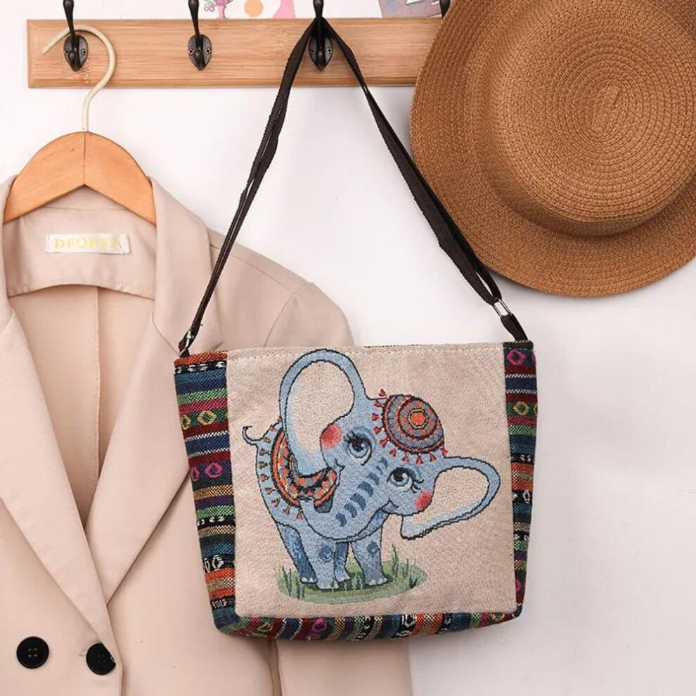 (multicolor, blue elepgant) Yogodlns Ethnic Style Handbag Embroidery Elephant Canvas Women Shoulder Bags Grocery Storage Pouch Large Capacity Crossbody Bag