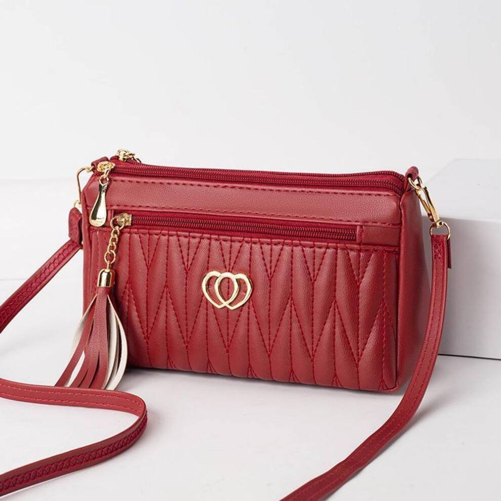 (red, 23x8x14cm) Yogodlns Women PU Leather Wave Embroidered Small Shoulder Bag Simple Tassel Decor Multi-layer Phone Crossbody Bag