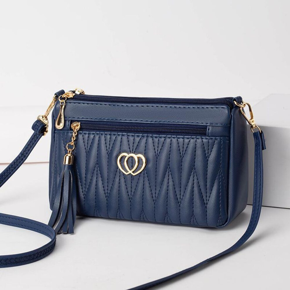 (blue, 23x8x14cm) Yogodlns Women Pu Leather Wave Embroidered Small Shoulder Bag Simple Tassel Decor Multi-layer Phone Crossbody Bag