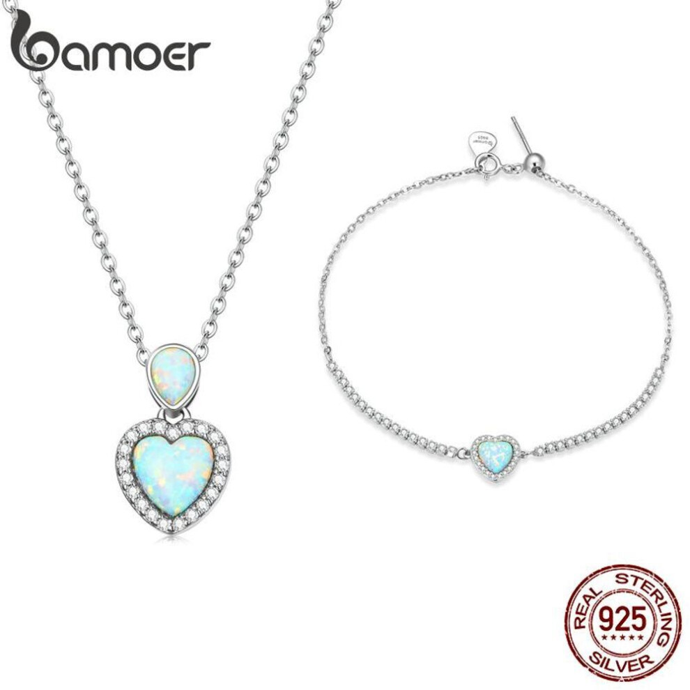 (925 S) Bamoer 925 Sterling Silver Exquisite Opal Heart-shaped Pendant Bracelet & Necklace Set For Women Fine Jewelry Suit