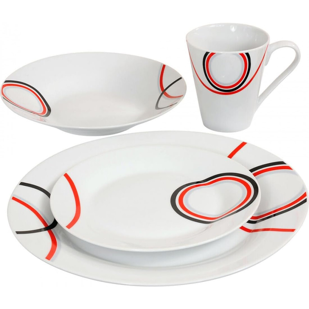 16 Piece Dinner Set Red & Black Patterns Dinnerware Set 4 Bowls 4 Side Plates4 Mugs, 4 Soup Plates | Kitchen Microwave & Dishwasher Safe - for Cereal