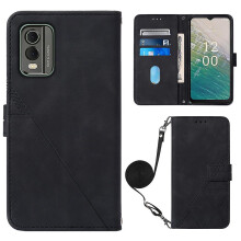 (Black) Stand Shell for Nokia C32 (TA-1534) PU Leather Phone Case Imprinted Lines Wallet Cover