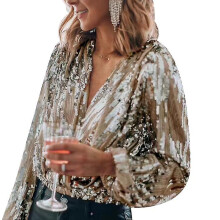 (gold, M) Women Sequin Sparkle V Neck Long Sleeve Shirt For Party