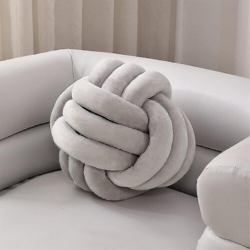(Light Grey) Knotted Plush Throw Pillow - Round Cushion For Sofa Or Bedroom 2
