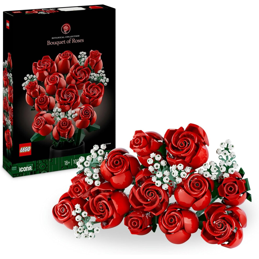 LEGO Icons Bouquet of Roses, Artificial Flowers Set for Adults, Botanical Collection, Home or Office Décor Accessories, Gifts for Women, Men